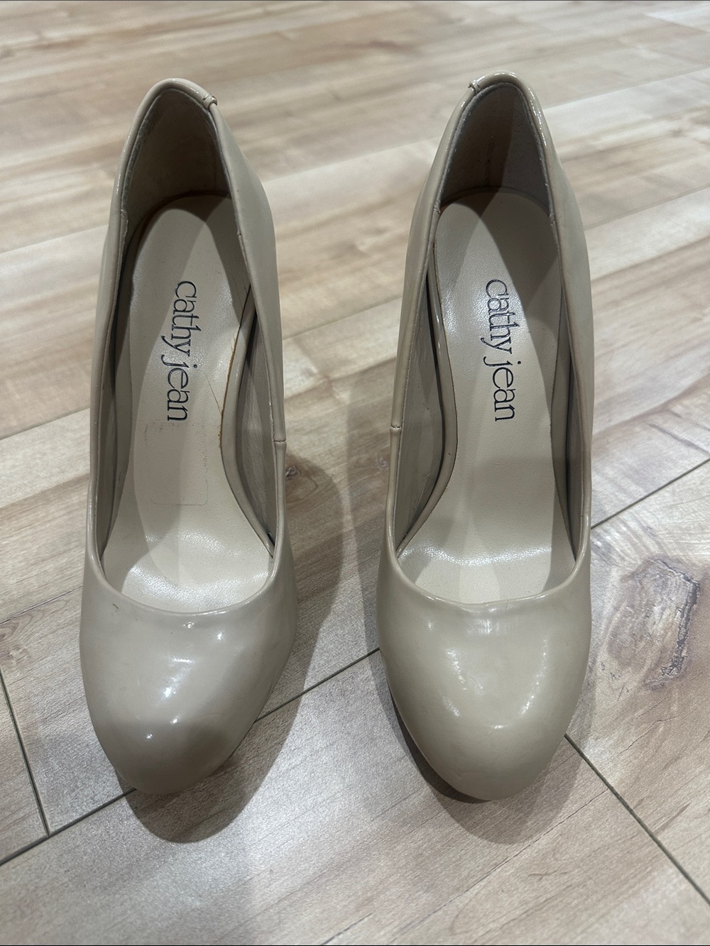 Cathy Jean Beige Patent Round-Toe Pump